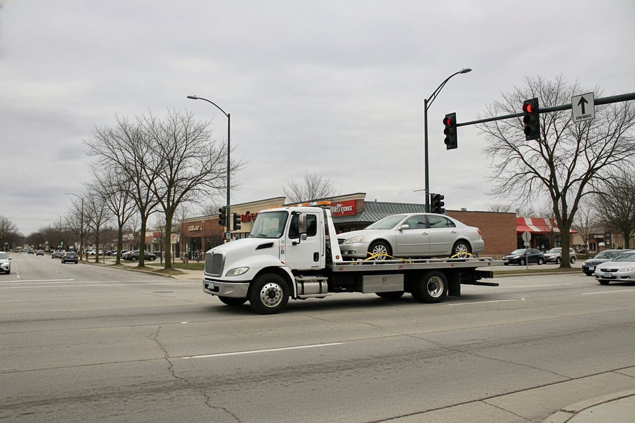 Tow truck responding dusk city skyline