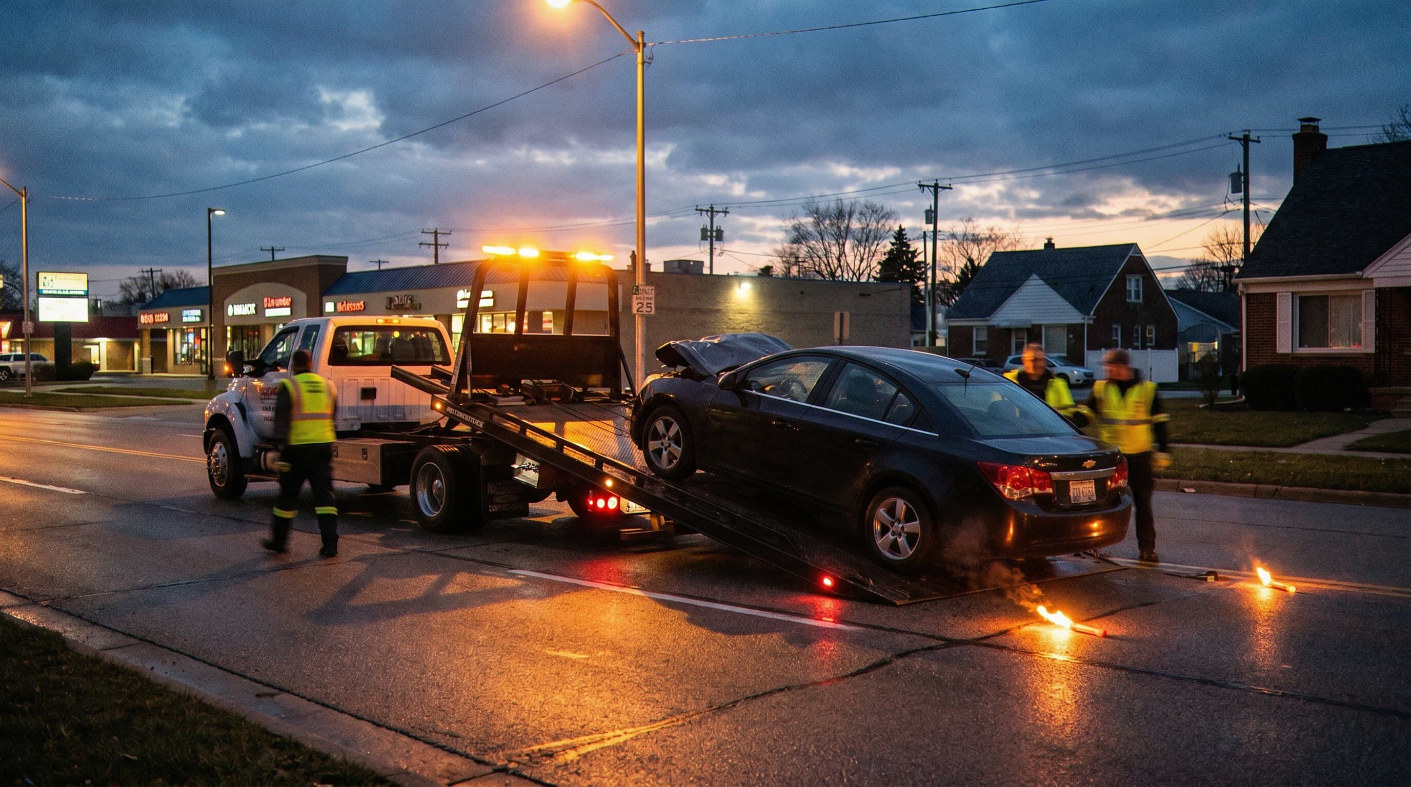 Flatbed tow truck wreck scene