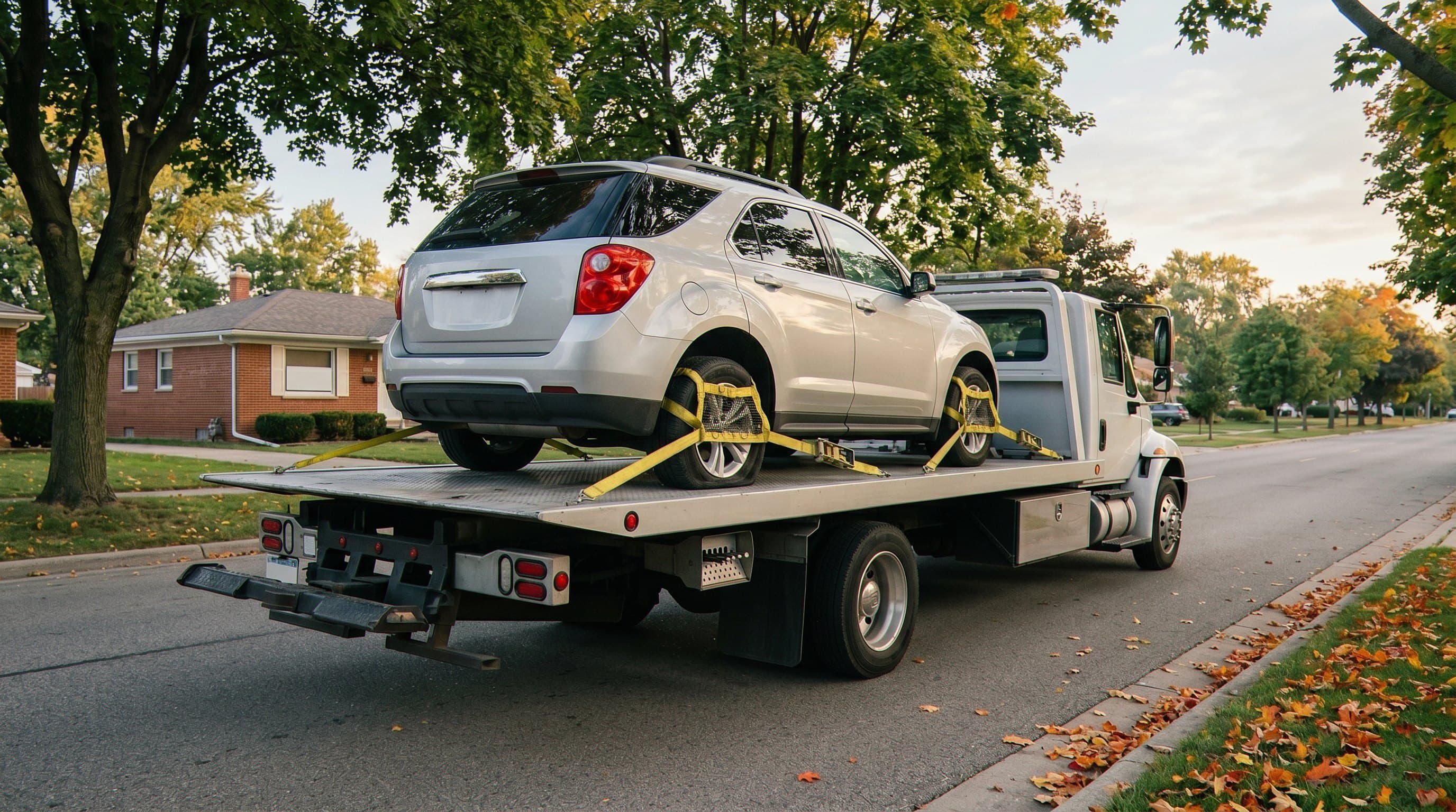 Flatbed tow truck secured vehicle