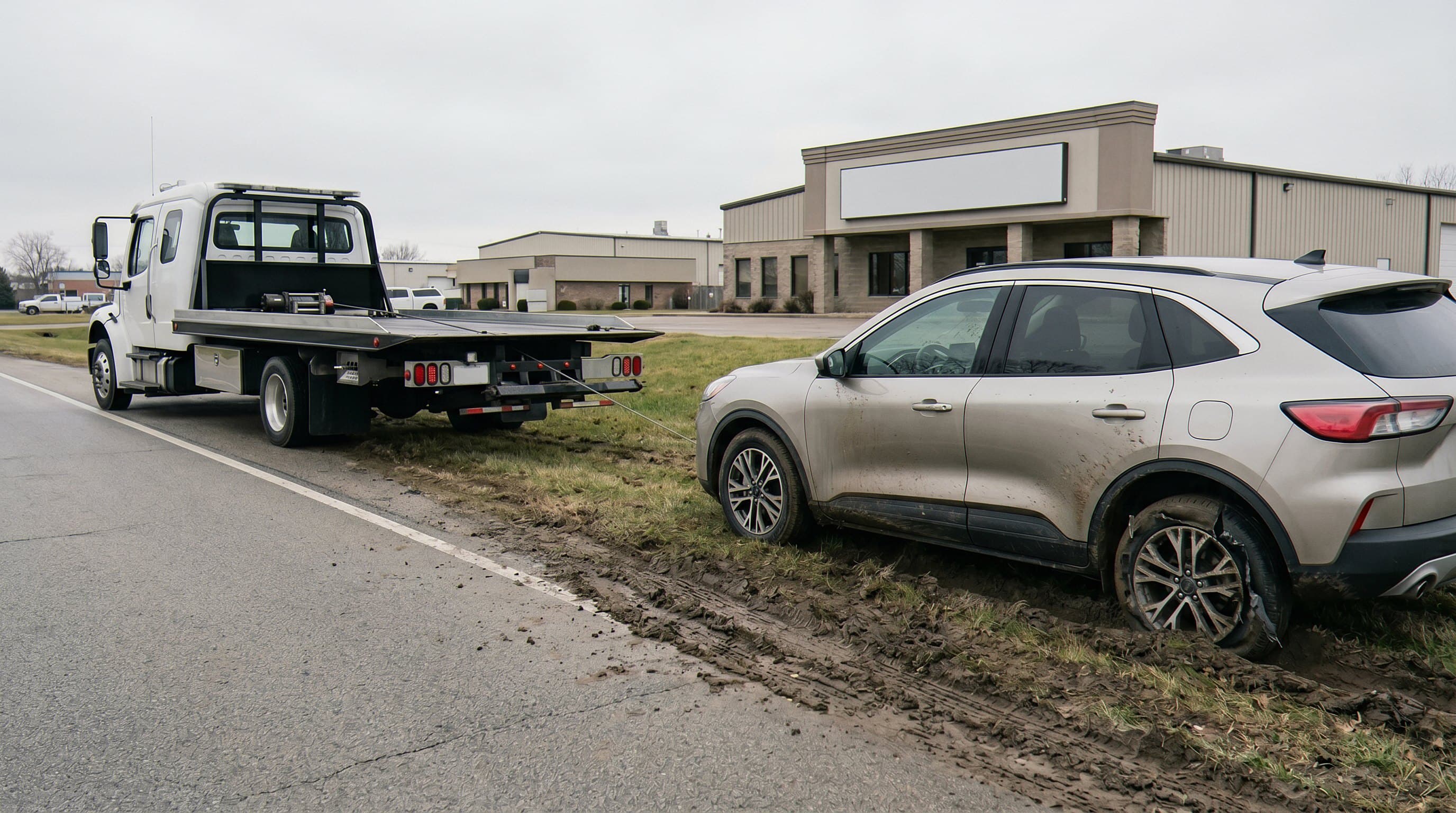 Wrecker winching vehicle stuck recovery